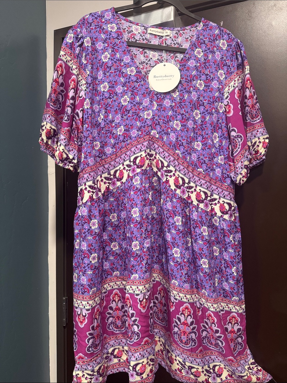 Rusty Daisy Purple Floral Midi Dress with Boho Border NEW with tags